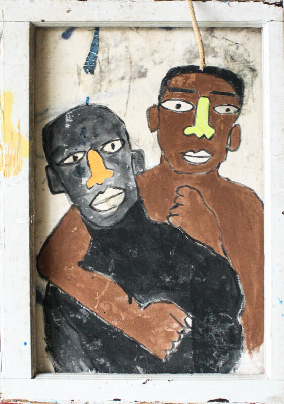 A painting of two shirtless men of color holding each other by Marlos E'van, with the lighter skin man holding the darker skinned man from behind