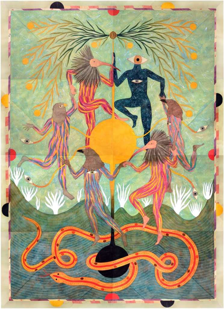 A fanciful, colorful painting of several animal-headed people holding hands and dancing in a circle by artist Rithika Merchant